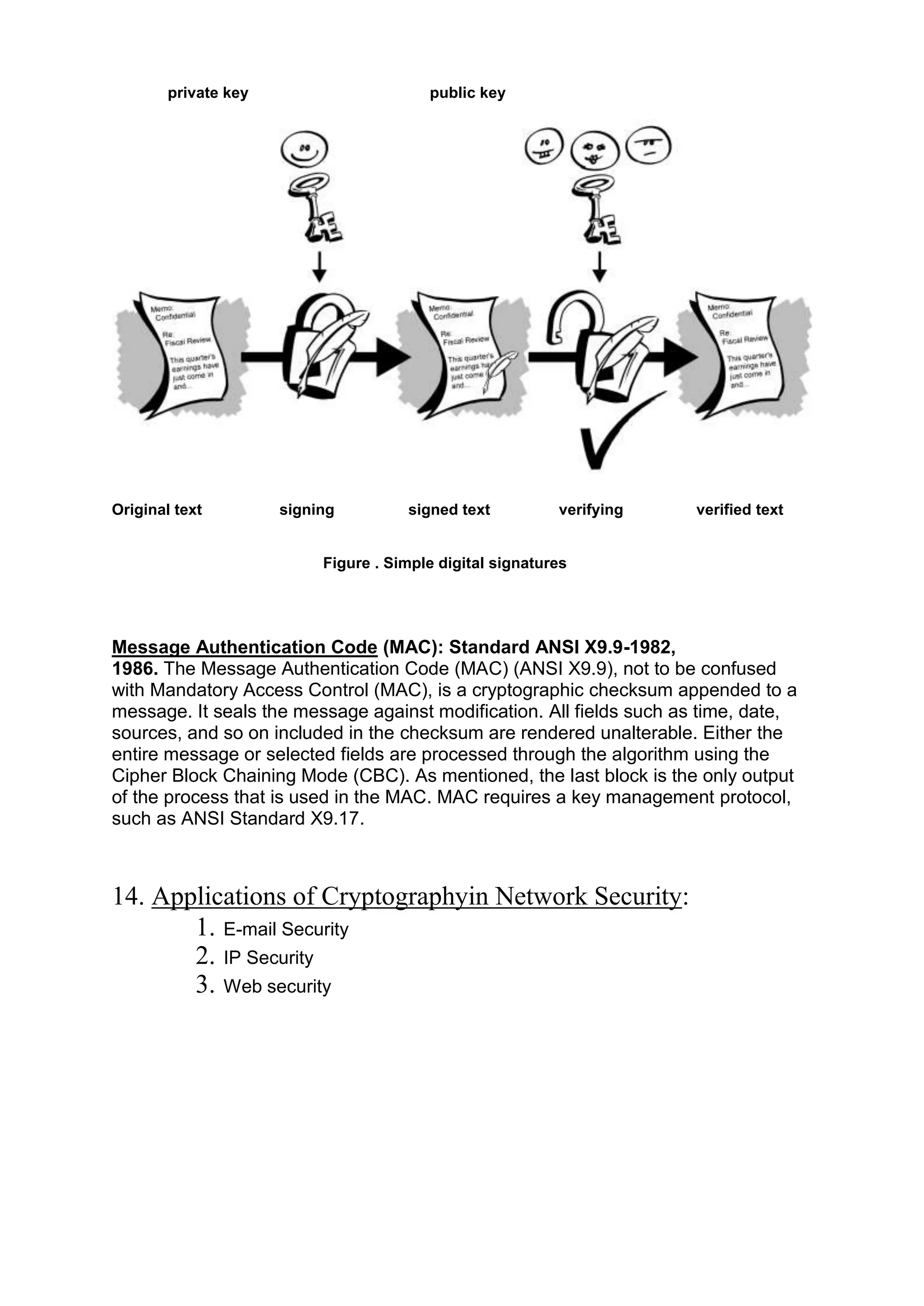 private key

Original text

public key

signing

signed text

verifying

verified text

Figure . Simple digital signatures

Message Authentication Code (MAC): Standard ANSI X9.9-1982,
1986. The Message Authentication Code (MAC) (ANSI X9.9), not to be confused
with Mandatory Access Control (MAC), is a cryptographic checksum appended to a
message. It seals the message against modification. All fields such as time, date,
sources, and so on included in the checksum are rendered unalterable. Either the
entire message or selected fields are processed through the algorithm using the
Cipher Block Chaining Mode (CBC). As mentioned, the last block is the only output
of the process that is used in the MAC. MAC requires a key management protocol,
such as ANSI Standard X9.17.

14. Applications of Cryptographyin Network Security:
1. E-mail Security
2. IP Security
3. Web security

 