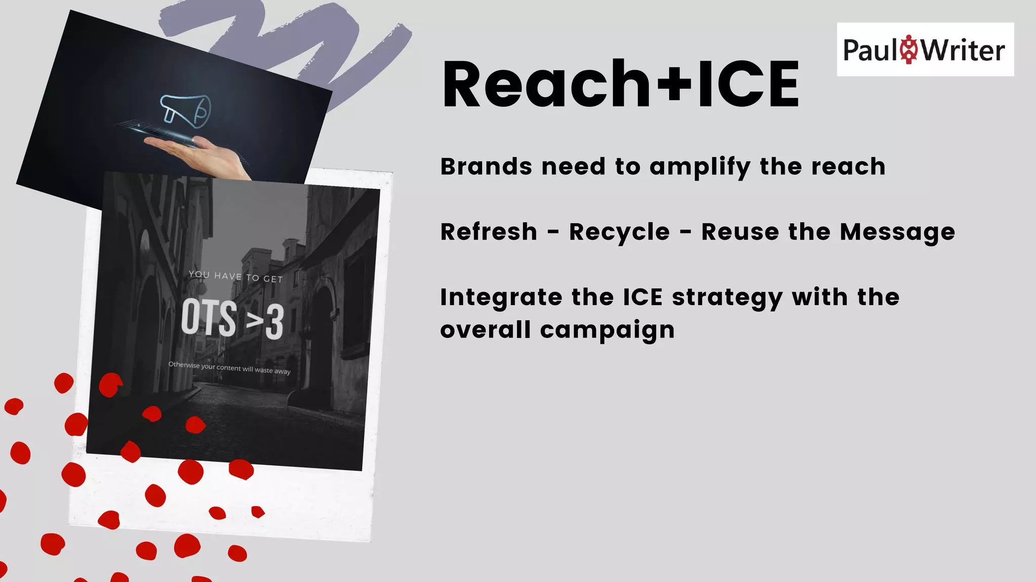 Reach+ICE
Brands need to amplify the reach
Refresh - Recycle - Reuse the Message
Integrate the ICE strategy with the
overall campaign
 