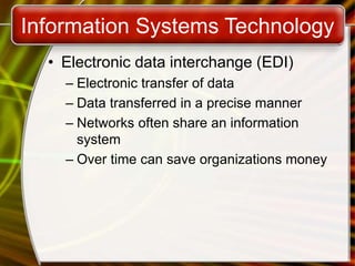 Information Systems Technology
• Electronic data interchange (EDI)
– Electronic transfer of data
– Data transferred in a precise manner
– Networks often share an information
system
– Over time can save organizations money
 