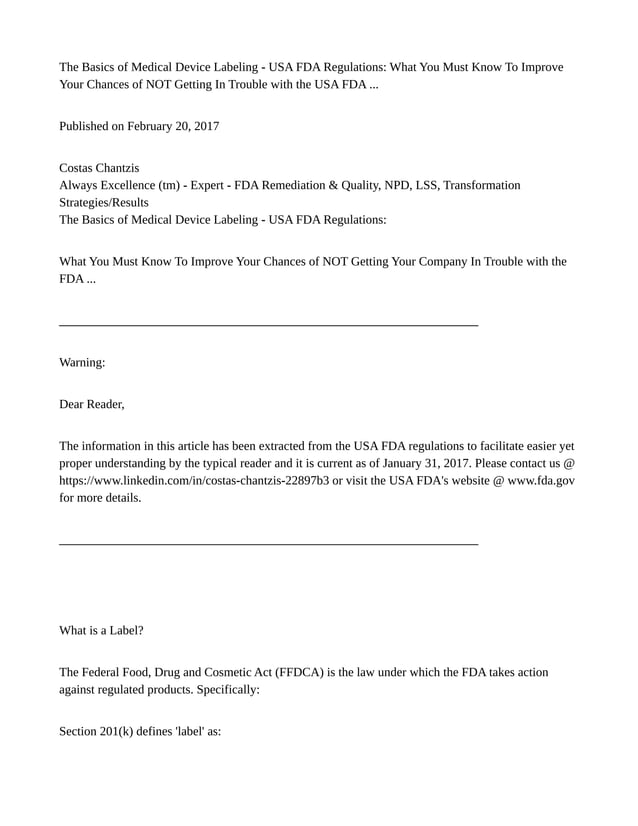 The basics of medical device labeling usa fda regulationsbycostas