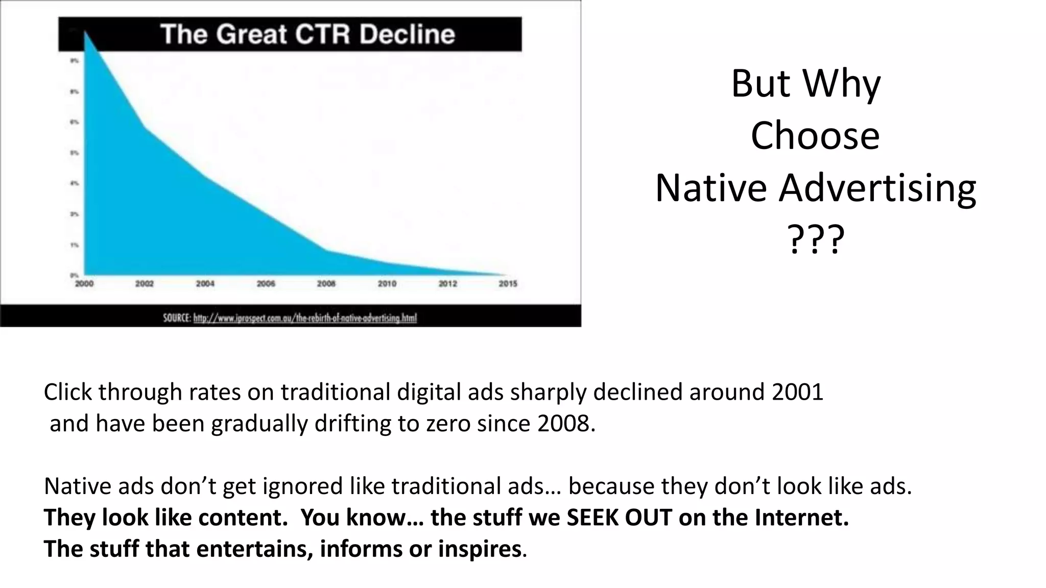 But Why
Choose
Native Advertising
???
Click through rates on traditional digital ads sharply declined around 2001
and have been gradually drifting to zero since 2008.
Native ads don’t get ignored like traditional ads… because they don’t look like ads.
They look like content. You know… the stuff we SEEK OUT on the Internet.
The stuff that entertains, informs or inspires.
 