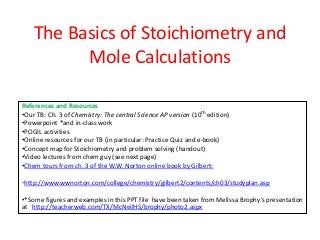 The Basics of Stoichiometry and
Mole Calculations
References and Resources
•Our TB: Ch. 3 of Chemistry: The central Science AP version (10th edition)
•Powerpoint *and in-class work
•POGIL activities
•Online resources for our TB (in particular: Practice Quiz and e-book)
•Concept map for Stoichiometry and problem solving (handout)
•Video lectures from chem guy (see next page)
•Chem tours from ch. 3 of the W.W. Norton online book by Gilbert:
•http://www.wwnorton.com/college/chemistry/gilbert2/contents/ch03/studyplan.asp
•*Some figures and examples in this PPT file have been taken from Melissa Brophy’s presentation
at http://teacherweb.com/TX/McNeilHS/brophy/photo2.aspx
 