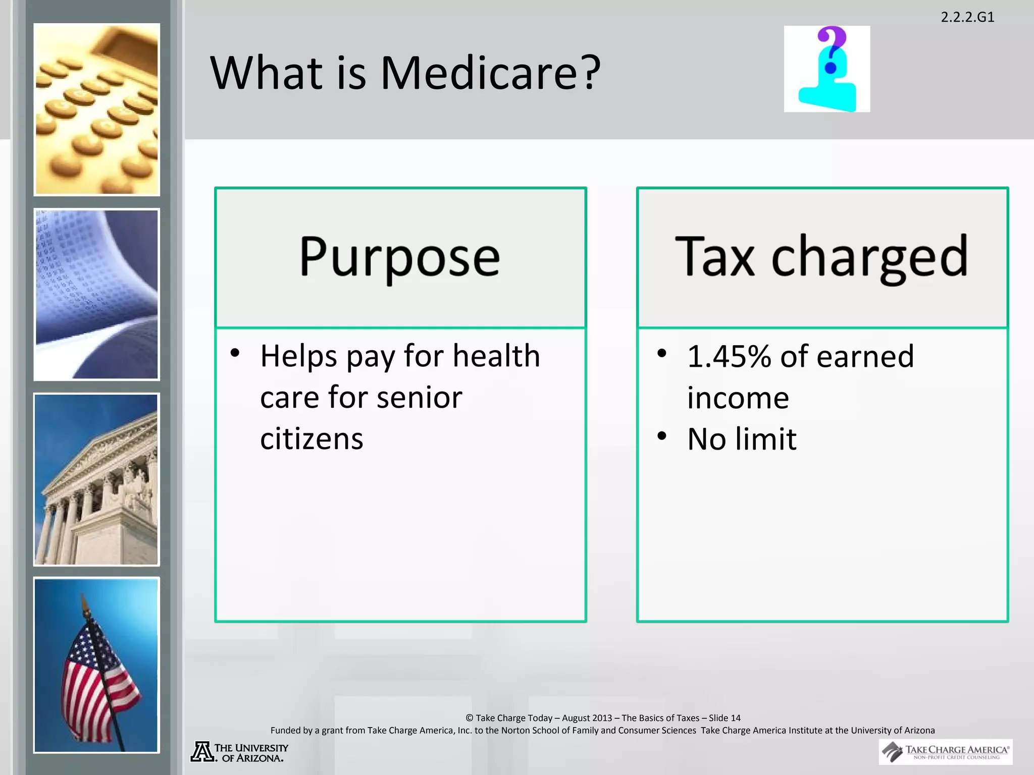 2.2.2.G1
© Take Charge Today – August 2013 – The Basics of Taxes – Slide 14
Funded by a grant from Take Charge America, Inc. to the Norton School of Family and Consumer Sciences Take Charge America Institute at the University of Arizona
What is Medicare?
• Helps pay for health
care for senior
citizens
• 1.45% of earned
income
• No limit
 