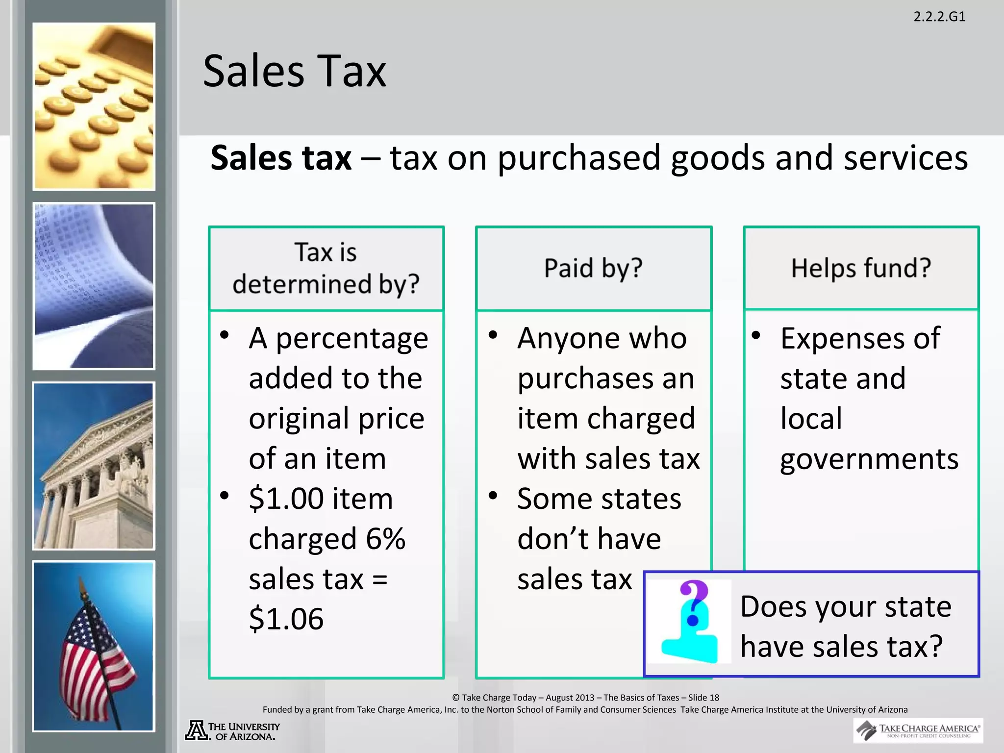 2.2.2.G1
© Take Charge Today – August 2013 – The Basics of Taxes – Slide 18
Funded by a grant from Take Charge America, Inc. to the Norton School of Family and Consumer Sciences Take Charge America Institute at the University of Arizona
Sales Tax
Sales tax – tax on purchased goods and services
Does your state
have sales tax?
• A percentage
added to the
original price
of an item
• $1.00 item
charged 6%
sales tax =
$1.06
• Anyone who
purchases an
item charged
with sales tax
• Some states
don’t have
sales tax
• Expenses of
state and
local
governments
 