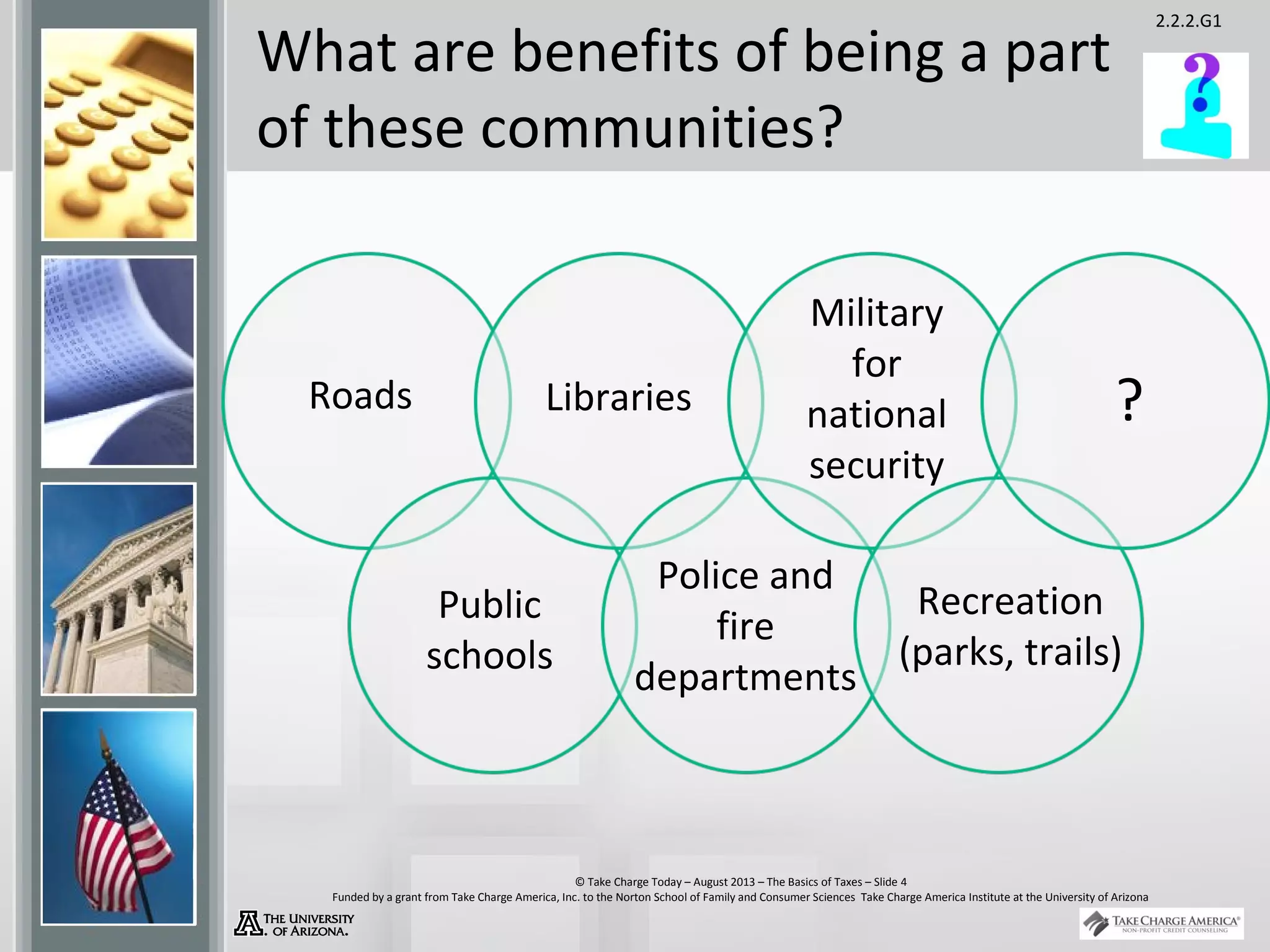 2.2.2.G1
© Take Charge Today – August 2013 – The Basics of Taxes – Slide 4
Funded by a grant from Take Charge America, Inc. to the Norton School of Family and Consumer Sciences Take Charge America Institute at the University of Arizona
What are benefits of being a part
of these communities?
Roads Libraries
Military
for
national
security
Public
schools
Police and
fire
departments
Recreation
(parks, trails)
?
 