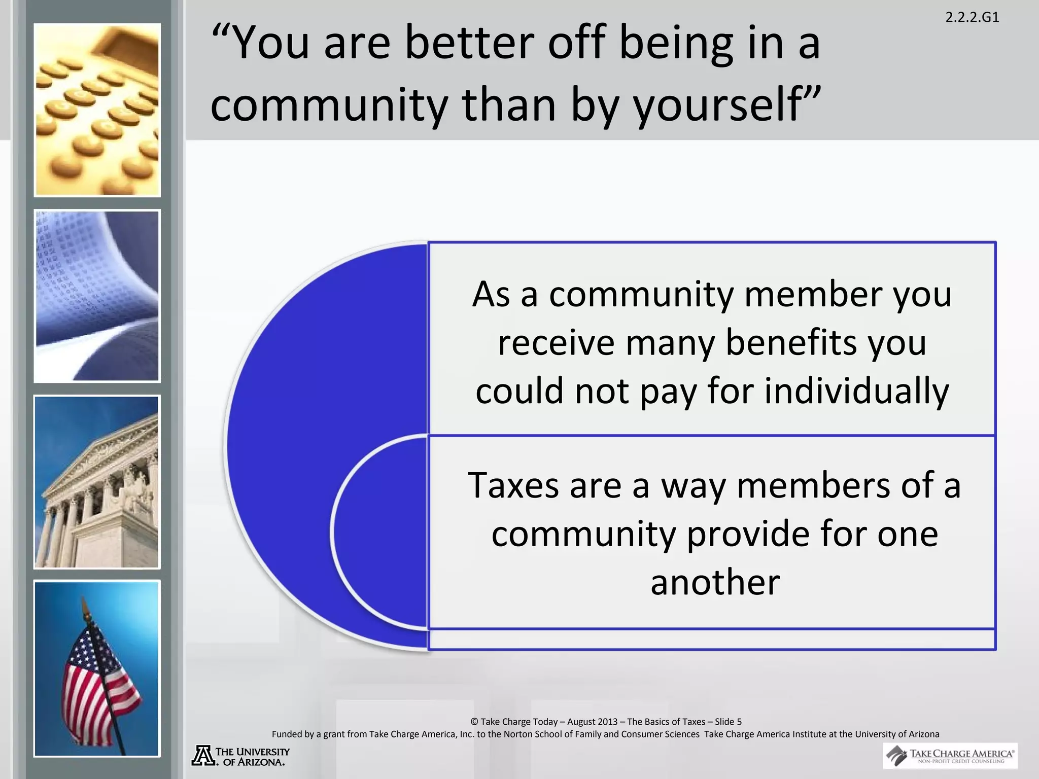 2.2.2.G1
© Take Charge Today – August 2013 – The Basics of Taxes – Slide 5
Funded by a grant from Take Charge America, Inc. to the Norton School of Family and Consumer Sciences Take Charge America Institute at the University of Arizona
“You are better off being in a
community than by yourself”
As a community member you
receive many benefits you
could not pay for individually
Taxes are a way members of a
community provide for one
another
 