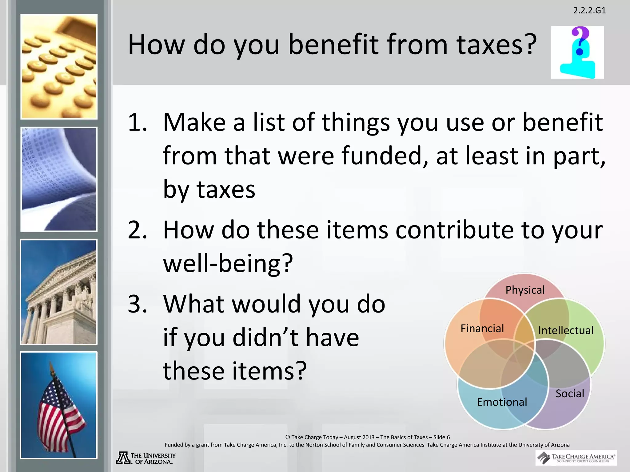 2.2.2.G1
© Take Charge Today – August 2013 – The Basics of Taxes – Slide 6
Funded by a grant from Take Charge America, Inc. to the Norton School of Family and Consumer Sciences Take Charge America Institute at the University of Arizona
How do you benefit from taxes?
1. Make a list of things you use or benefit
from that were funded, at least in part,
by taxes
2. How do these items contribute to your
well-being?
3. What would you do
if you didn’t have
these items?
Physical
Intellectual
Emotional
Social
Financial
 