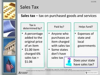 2.2.2.G1
© Take Charge Today – August 2013 – The Basics of Taxes – Slide 18
Funded by a grant from Take Charge America, Inc. to the Norton School of Family and Consumer Sciences Take Charge America Institute at the University of Arizona
Sales Tax
Sales tax – tax on purchased goods and services
Does your state
have sales tax?
• A percentage
added to the
original price
of an item
• $1.00 item
charged 6%
sales tax =
$1.06
• Anyone who
purchases an
item charged
with sales tax
• Some states
don’t have
sales tax
• Expenses of
state and
local
governments
 
