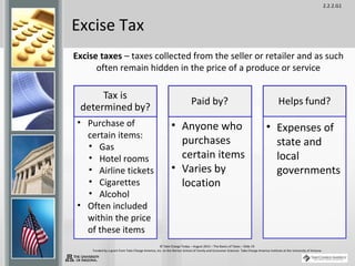 2.2.2.G1
© Take Charge Today – August 2013 – The Basics of Taxes – Slide 19
Funded by a grant from Take Charge America, Inc. to the Norton School of Family and Consumer Sciences Take Charge America Institute at the University of Arizona
Excise Tax
Excise taxes – taxes collected from the seller or retailer and as such
often remain hidden in the price of a produce or service
• Purchase of
certain items:
• Gas
• Hotel rooms
• Airline tickets
• Cigarettes
• Alcohol
• Often included
within the price
of these items
• Anyone who
purchases
certain items
• Varies by
location
• Expenses of
state and
local
governments
 