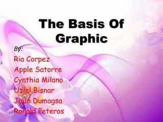 The Basis Of
Graphic
By:
Ria Corpez
Apple Satorre
Cynthia Milano
Uziel Bisnar
Jade Dumagsa
Ronald Peteros
 