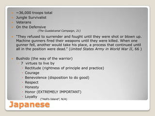 Japanese~36,000 troops totalJungle SurvivalistVeteransOn the Defensive“They refused to surrender and fought until they were shot or blown up. Machine gunners fired their weapons until they were killed. When one gunner fell, another would take his place, a process that continued until all in the position were dead.” (United States Army in World War II, 66 )Bushido (the way of the warrior)7  virtues to live byRectitude (rightness of principle and practice)CourageBenevolence (disposition to do good)RespectHonestyHonor (EXTREMELY IMPORTANT)Loyalty(The Guadalcanal Campaign, 21)(“Hell’s Island”, N/A)
