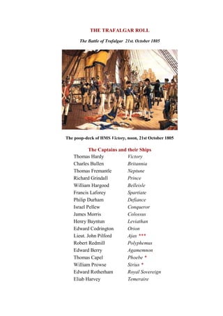 THE TRAFALGAR ROLL 
The Battle of Trafalgar  21st. October 1805 
The poop­deck of HMS Victory, noon, 21st October 1805 
The Captains and their Ships 
Thomas Hardy  Victory 
Charles Bullen  Britannia 
Thomas Fremantle  Neptune 
Richard Grindall  Prince 
William Hargood  Belleisle 
Francis Laforey  Spartiate 
Philip Durham  Defiance 
Israel Pellew  Conqueror 
James Morris  Colossus 
Henry Bayntun  Leviathan 
Edward Codrington  Orion 
Lieut. John Pilford  Ajax *** 
Robert Redmill  Polyphemus 
Edward Berry  Agamemnon 
Thomas Capel  Phoebe * 
William Prowse  Sirius * 
Edward Rotherham  Royal Sovereign 
Eliab Harvey  Temeraire
 