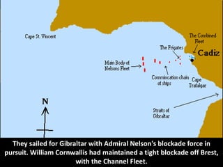 However, Lord Nelson
adopted a loose blockade in
the hope of luring the French
out for a major battle.
 