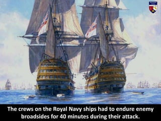 Just before 12:00 noon,
the two fleets came within range
and HMS Victory leading the first
column became involved in
despe...