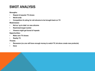 SWOT ANALYSIS
Strengths:
•   Repeat of popular TV shows
•   World wide
•   Competition & voting for old sitcoms to be brought back on TV
Weaknesses:
•   Not as „up to date‟ on new sitcoms
•   Restricted target market
•   Viewers might get bored of repeats
Opportunities:
•   Make own TV shows
•   Reality TV
Threats:
•   Recession (no one will have enough money to watch TV, let alone create new products)
•   Dave
 