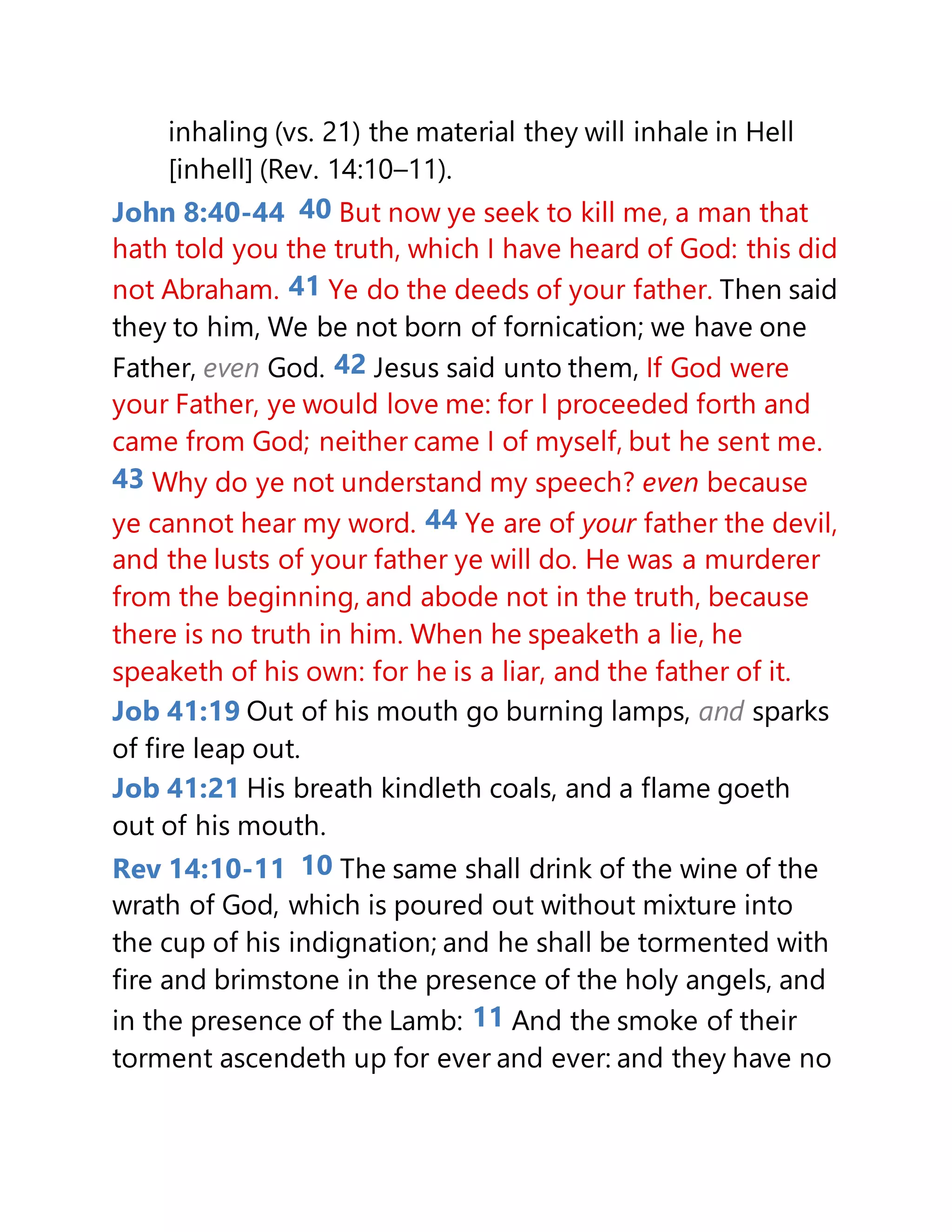 inhaling (vs. 21) the material they will inhale in Hell
[inhell] (Rev. 14:10–11).
John 8:40-44 40 But now ye seek to kill me, a man that
hath told you the truth, which I have heard of God: this did
not Abraham. 41 Ye do the deeds of your father. Then said
they to him, We be not born of fornication; we have one
Father, even God. 42 Jesus said unto them, If God were
your Father, ye would love me: for I proceeded forth and
came from God; neither came I of myself, but he sent me.
43 Why do ye not understand my speech? even because
ye cannot hear my word. 44 Ye are of your father the devil,
and the lusts of your father ye will do. He was a murderer
from the beginning, and abode not in the truth, because
there is no truth in him. When he speaketh a lie, he
speaketh of his own: for he is a liar, and the father of it.
Job 41:19 Out of his mouth go burning lamps, and sparks
of fire leap out.
Job 41:21 His breath kindleth coals, and a flame goeth
out of his mouth.
Rev 14:10-11 10 The same shall drink of the wine of the
wrath of God, which is poured out without mixture into
the cup of his indignation; and he shall be tormented with
fire and brimstone in the presence of the holy angels, and
in the presence of the Lamb: 11 And the smoke of their
torment ascendeth up for ever and ever: and they have no
 