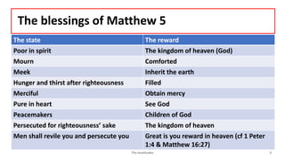 The blessings of Matthew 5
The state The reward
Poor in spirit The kingdom of heaven (God)
Mourn Comforted
Meek Inherit the earth
Hunger and thirst after righteousness Filled
Merciful Obtain mercy
Pure in heart See God
Peacemakers Children of God
Persecuted for righteousness’ sake The kingdom of heaven
Men shall revile you and persecute you Great is you reward in heaven (cf 1 Peter
1:4 & Matthew 16:27)
The beatitudes 3
 
