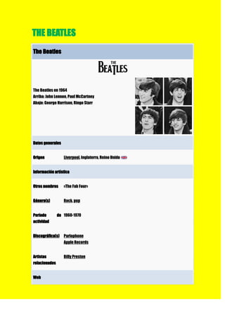THE BEATLES
The Beatles




The Beatles en 1964
Arriba: John Lennon, Paul McCartney
Abajo: George Harrison, Ringo Starr




Datos generales


Origen            Liverpool, Inglaterra, Reino Unido


Información artística


Otros nombres     «The Fab Four»


Género(s)         Rock, pop


Período        de 1960-1970
actividad


Discográfica(s)   Parlophone
                  Apple Records


Artistas          Billy Preston
relacionados


Web
 