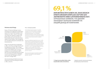 26   Die wirkung Der Schönheit                                                                                                                                                                      Die wirkung Der Schönheit                   




                                                                                                                                                 69,1 %
                                                                                                                                                 Der Befragten geBen an, DaSS DeSign
                                                                                                                                                 einen groSSen einfluSS auf Die geS-
                                                                                                                                                 amtrenDite ihreS unternehmenS hat.
                                                                                                                                                                     ,

                                                                                                                                                                                                    .

     Wachstum durch Design

     Nahezu 70 Prozent der Befragten räumen                       70%                                              ,
     Gestaltung und Formgebung eine große Bedeu-
                                                                         (      .       .1,    .27).                           9%                                                                                24,7 %
     tung für die Gesamtrendite des eigenen Unter-                                                                                                                                                               Trifft zu
                                                                                               ,
     nehmens ein (s. Abb. 1, Seite 27). Nur knapp                                                          .
     neun Prozent der Teilnehmer schließen einen                                                       ,
     großen Einfluss auf die Gesamtrendite aus.                                                                                                                              8,6 %
                                                                                                                                                                   Trifft nicht zu
     Unterschiedlich beurteilt wurden die einzelnen                      .
     Aspekte und der Umfang, in dem Formgebung
     eine unmittelbare Relevanz für die Rendite eines                               80%                                (   .   .2,       .30),

     Unternehmens hat.
                                                                                .
                                                                                                               ,
     Design ist für über 80 Prozent der Befragten
     (s. Abb. 2, Seite 30) ein wichtiger Faktor bei der           (      . 3,         . 33).
     Erschließung neuer Märkte. Noch wichtiger                                           ,
     werden Gestaltungsaspekte, wenn es um Anteile                                                                                   ,
     an bestehenden Märkten geht und Design
                                                          (   .       . 4,      . 34).                                                                         22,2 %
     wichtig ist, um sich durchzusetzen (Abb. 3,
                                                                                                                                                  Trifft eher nicht zu
     Seite 33). Bei der Markteinführung eines Produk-                                                                                                             ,
     tes ist die Gestaltung scheinbar unabdingbar
     und bei nahezu allen Befragten (s. Abb. 4,                                                                                                                                                                              44,4 %
                                                          (   .       . 5,          . 37).
                                                                                                                                                                                                                             Trifft eher zu
     Seite 34) ein wichtiger Faktor.                                                                                                                                                                                                       ,


     Dabei berücksichtigt die Mehrheit die Formge-
     bung bereits bei der Entwicklung der Produkte                                                                                               1. Design hat einen großen Einfluss auf die   1.
     (s. Abb. 5, Seite 37).                                                                                                                      Gesamtrendite meines Unternehmens.                                             .
 