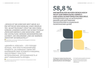 58   Die wirkung Der Schönheit                                                                                                                     Die wirkung Der Schönheit                 




                                                                                            58,8 %
                                                                                            Der Befragten nutzen DeSign noch
                                                                                            nicht zur erreichung umwelt-
                                                                                            unD geSellSchaftSpolitiScher ziele.


                                                                                                                                                       -
     „DeSIgn ISt beI KärCher WeIt mehr AlS                                                                                               .
     DIe optISChe erSCheInung eIneS proDuK-
     teS: Im mIttelpunKt Steht beI Der form-                                                                     22,5 %
     gebung unSerer geräte DIe SChnIttStelle                                                             Trifft nicht zu
                                                                                                                                                                 16,3 %

     zWISChen menSCh unD mASChIne; über                                                                                                                          Trifft zu


     DIe geStAltung WerDen beDIenerfreunD-
     lIChKeIt, DIe ergonomIe unD DIe mArKen-
     IDentItät SIChergeStellt.“
         Bernd Rützler, Vice President Marketing, Brand Management International,
     Alfred Kärcher GmbH & Co. KG



     «                           «KÄRCHER» –
                        ,                                                                                                                                              25,0 %
                                                                                                                                                                       Trifft eher zu
                             .                                                                           36,3 %
                                                                                            Trifft eher nicht zu
                                                                                                                                                                                        ,


                                                                                        ,                  ,




                                        ,
                                                                ».                          18. Design hat in meinem Unternehmen einen       18.
                        ,     -                                                     ,       großen Einfluss auf die Erreichung umwelt- und
     Alfred Karcher GmbH & Co. KG                                                           gesellschaftspolitischer Ziele/Nachhaltigkeit.         -                         /
                                                                                                                                                       .
 