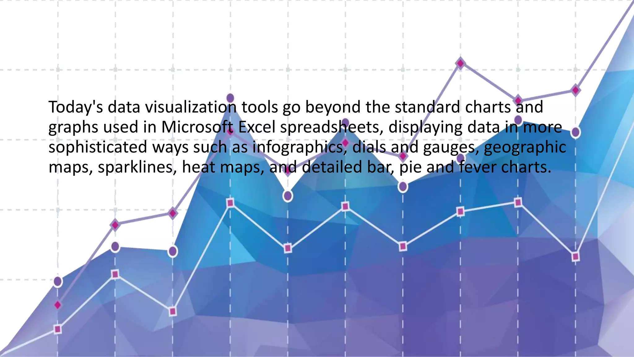 Today's data visualization tools go beyond the standard charts and
graphs used in Microsoft Excel spreadsheets, displaying data in more
sophisticated ways such as infographics, dials and gauges, geographic
maps, sparklines, heat maps, and detailed bar, pie and fever charts.
 