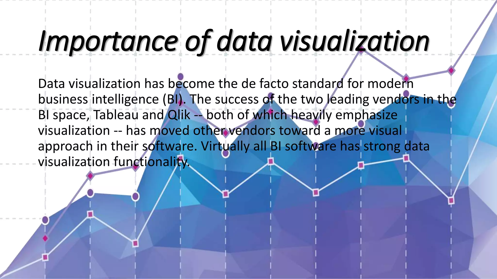 Importance of data visualization
Data visualization has become the de facto standard for modern
business intelligence (BI). The success of the two leading vendors in the
BI space, Tableau and Qlik -- both of which heavily emphasize
visualization -- has moved other vendors toward a more visual
approach in their software. Virtually all BI software has strong data
visualization functionality.
 