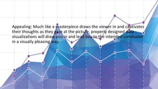 Appealing: Much like a masterpiece draws the viewer in and captivates
their thoughts as they gaze at the picture, properly designed data
visualizations will draw you in and lead you to the intended conclusion
in a visually pleasing way.
 