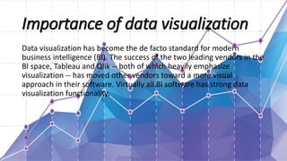Importance of data visualization
Data visualization has become the de facto standard for modern
business intelligence (BI). The success of the two leading vendors in the
BI space, Tableau and Qlik -- both of which heavily emphasize
visualization -- has moved other vendors toward a more visual
approach in their software. Virtually all BI software has strong data
visualization functionality.
 