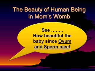 The Beauty of Human Being
     in Mom’s Womb

         See ……..
      How beautiful the
      baby since Ovum
      and Sperm meet
 