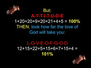 But:
       A-T-T-I-T-U-D-E
1+20+20+9+20+21+4+5 = 100%
 THEN, look how far the love of
      God will take you:

     L-O-V-E-O-F-G-O-D
 12+15+22+5+15+6+7+15+4 =
           101%
 