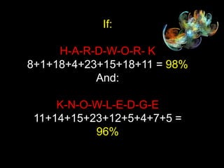If:

     H-A-R-D-W-O-R- K
8+1+18+4+23+15+18+11 = 98%
           And:

     K-N-O-W-L-E-D-G-E
 11+14+15+23+12+5+4+7+5 =
           96%
 