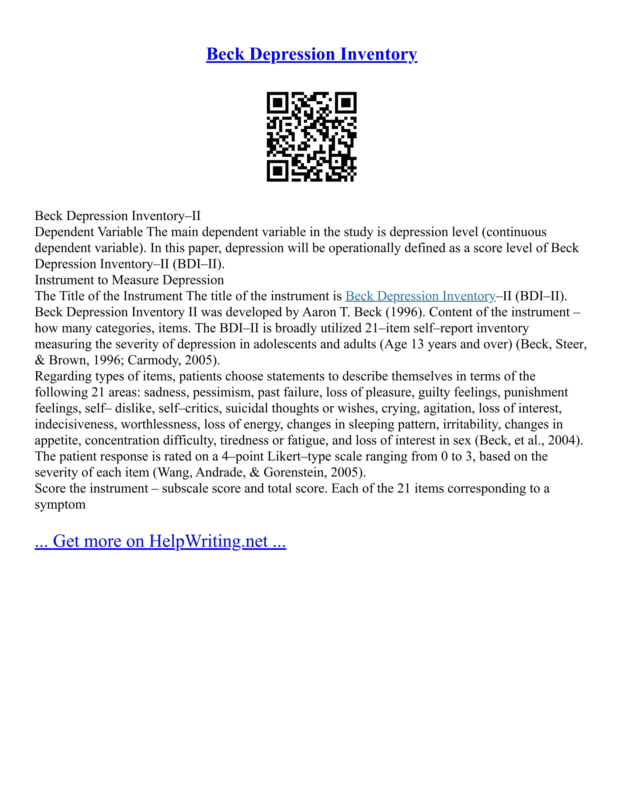 The Beck Depression Inventory-II | PDF