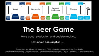The Beer Game
More about production and decision-making,
Less about consumption……
Presented By : Group 8, Sales and Distribution Management, IIM Kozhikode
|Pranav Koundinya| |Payal Sachan| |Pathsamatla Sraavya| |Arjun Kemmu| |Karidi Sidhartha|
 