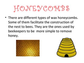 HONEYCOMBS
• There are different types of wax honeycombs.
  Some of them facilitate the construction of
  the nest to bees. They are the ones used by
  beekeepers to be more simple to remove
  honey.
 