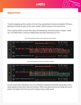 SignalFlow
Tostartwrappingupthissection,let’sdoitbysayingthatthebasicprincipleofDJingis
gettingtwotrackstoplayatthesamespeed,whileinphase,atthesametime.
Thiscouldbeeithertohavethemplaysimultaneouslyandandcreateaunique“mash
up”,ortofadetheminandoutrespectivelyandstartweavingaDJmix.
Asyoumusthaveinferredbynow,itisextremelyimportantthatbothsongsplayatthe
samespeedsotheydon’tgooutofphase.Whenanygivenamountofsongsareoutof
phase,thebeatswon’tlineupanditwillgetmessyreallyquick.
Twotracksplayingatthesamespeedinphase
Twotracksplayingatthesamespeedbutoutofphase.
 