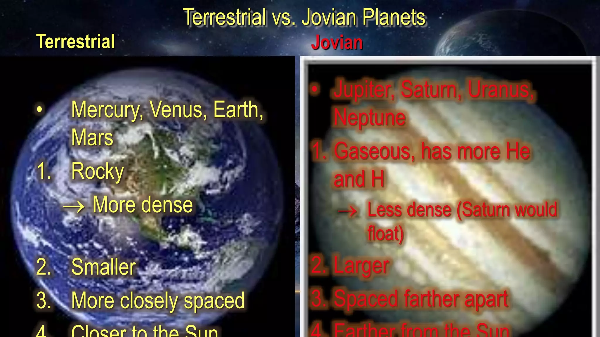 Terrestrial vs. Jovian Planets
Terrestrial
• Mercury, Venus, Earth,
Mars
1. Rocky
 More dense
2. Smaller
3. More closely spaced
Jovian
• Jupiter, Saturn, Uranus,
Neptune
1. Gaseous, has more He
and H
 Less dense (Saturn would
float)
2. Larger
3. Spaced farther apart
 