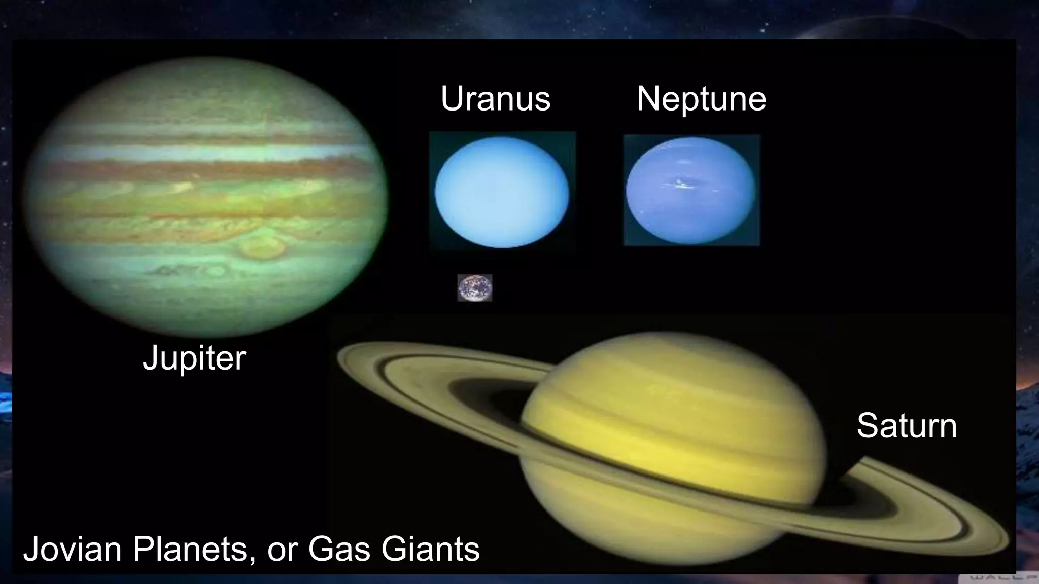 Jovian Planets, or Gas Giants
Jupiter
Uranus Neptune
Saturn
 