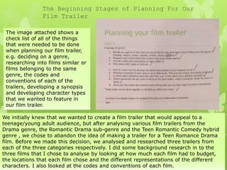 The Beginning Stages of Planning For Our
Film Trailer
The image attached shows a
check list of all of the things
that were needed to be done
when planning our film trailer,
e.g. deciding on a genre,
researching into films similar or
films belonging to the same
genre, the codes and
conventions of each of the
trailers, developing a synopsis
and developing character types
that we wanted to feature in
our film trailer.
We initially knew that we wanted to create a film trailer that would appeal to a
teenage/young adult audience, but after analysing various film trailers from the
Drama genre, the Romantic Drama sub-genre and the Teen Romantic Comedy hybrid
genre , we chose to abandon the idea of making a trailer for a Teen Romance Drama
film. Before we made this decision, we analysed and researched three trailers from
each of the three categories respectively. I did some background research in to the
three films that I chose to analyse by looking at how much each film had to budget,
the locations that each film chose and the different representations of the different
characters. I also looked at the codes and conventions of each film.
 