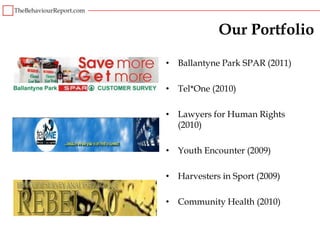 Our Portfolio

• Ballantyne Park SPAR (2011)

• Tel*One (2010)

• Lawyers for Human Rights
  (2010)

• Youth Encounter (2009)

• Harvesters in Sport (2009)

• Community Health (2010)
 