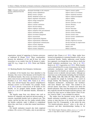 organization, instead of supporting its business processes
as traditional IS (Proper 2014). These commonalities
between the definitions of EA and IS have led some
researchers to use models from the IS domain to under-
stand EA (e.g., Lange et al. 2016; Niemi and Pekkola
2009).
2.2 Realizing Benefits from Enterprise Architecture
A multitude of EA benefits have been identified in the
literature. Our review of the literature on EA benefits lists
250 different benefits. The review was based on four aca-
demic meta-reviews on EA benefits (Boucharas et al. 2010;
Foorthuis et al. 2015; Niemi 2006; Tamm et al. 2011).
They were selected because they present comprehensive
literature reviews on EA benefits. For example, Tamm
et al. (2011) present a meta-review of 50 studies on EA
benefits. As we grouped similar benefits together, we
arrived at a list of 40 individual benefits, illustrated in
Table 1.
The benefits range from very abstract ones such as
business–IT alignment and improved decision-making, to
concrete, measurable benefits such as reduced costs. This
variety, and the fact that very few studies actually define
the benefits explicitly, make it difficult to comprehend
where they stem from, or what their mutual interrelation-
ships are.
EA benefit realization research also lacks empirical
evidence. Of a review of 50 studies, only six provided any
empirical data (Tamm et al. 2011). Many studies have
focused on hypothetical or potential benefits of EA, not on
concretized benefits. Studies addressing actual benefits
have appeared, even though they do not always clarify the
benefit realization mechanisms (e.g., Aier et al. 2011;
Kurek et al. 2017; Lagerström et al. 2011). While benefits
can be realized from EA in some circumstances, the benefit
realization mechanisms need further clarification. To
investigate how EA benefits are realized, we conducted a
literature review to identify relevant studies. Although our
main focus was on IS journals (including, but not limited to
BISE, MISQ, JAIS, ISR, EJIS, JIT, JSIS, JMIS and ISJ),
we expanded the sample by including also a search on
Google Scholar. The following search terms were used:
‘Enterprise Architecture’, ‘Architecture’ and ‘Architect’
with terms ‘Benefit’ and ‘Value’. This resulted in 132
relevant articles. From these, 55 articles were about EA
benefit realization. They were then analyzed to see whether
they explicitly describe the benefit-realization process, and
not just list some success or failure factors. Final 18 arti-
cles, listed in Table 2, were included for analysis.
The studies from the literature review show that EA
benefit realization resembles a process,2
i.e. a series of
actions or steps that have to be carried out to realize the
benefits from EA. Consequently, in this article the term
‘‘EA benefit-realization process’’ refers to the chain of
constructs and their interrelationships leading to the
Table 1 Enterprise architecture
benefits synthesized from the
literature
Document knowledge on the enterprise Improve resource quality
Identify resource dependencies Improve return on investments
Identify resource synergies Improve situational awareness
Identify suboptimal resource use Improve solution development
Improve alignment with partners Improve stability
Improve change management Increase agility
Improve compliance Increase economies of scale
Improve customer satisfaction Increase efficiency
Improve decision-making Increase growth
Improve employee satisfaction Increase innovation
Improve enterprise-wide goal attainment Increase market share
Improve information quality Increase resource flexibility
Improve investment management Increase resource reuse
Improve measurement Increase resource standardization
Improve organizational alignment Increase revenue
Improve organizational collaboration Provide a high-level overview
Improve organizational communication Provide directions for improvement
Improve resource alignment Provide standards
Improve resource consolidation Reduce costs
Improve resource integration Reduce complexity
2
The Oxford English Dictionary defines process as ‘‘a series of
actions or steps taken in order to achieve a particular end’’.
123
E. Niemi, S. Pekkola: The Benefits of Enterprise Architecture in Organizational Transformation, Bus Inf Syst Eng 62(6):585–597 (2020) 587
 