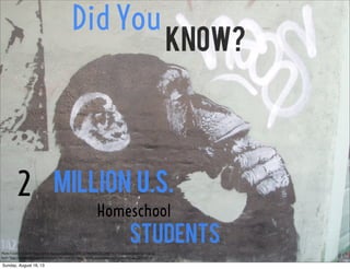 Did You
Know?
2 Million
Homeschool
Students
U.S.
Photo Credit: <a href="http://www.ﬂickr.com/photos/74501279@N00/2022600793/">kalidoskopika</a> via <a
href="http://compﬁght.com">Compﬁght</a> <a href="http://creativecommons.org/licenses/by-sa/2.0/">cc</a>
Sunday, August 18, 13
 