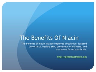 The Benefits Of Niacin	 The benefits of niacin include improved circulation, lowered cholesterol, healthy skin, prevention of diabetes, and treatment for osteoarthritis. http://benefitsofniacin.net 