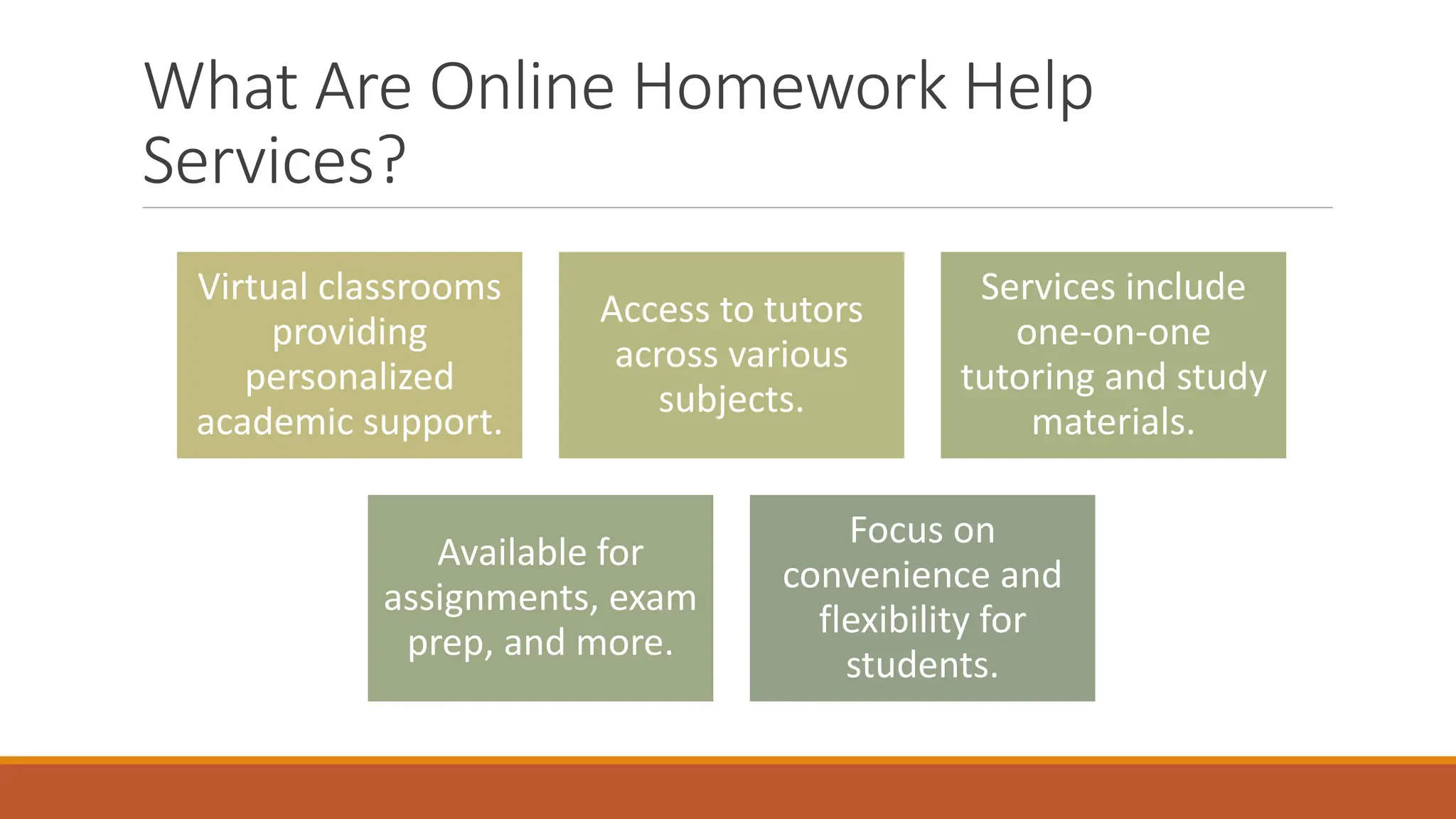 What Are Online Homework Help
Services?
Virtual classrooms
providing
personalized
academic support.
Access to tutors
across various
subjects.
Services include
one-on-one
tutoring and study
materials.
Available for
assignments, exam
prep, and more.
Focus on
convenience and
flexibility for
students.
 