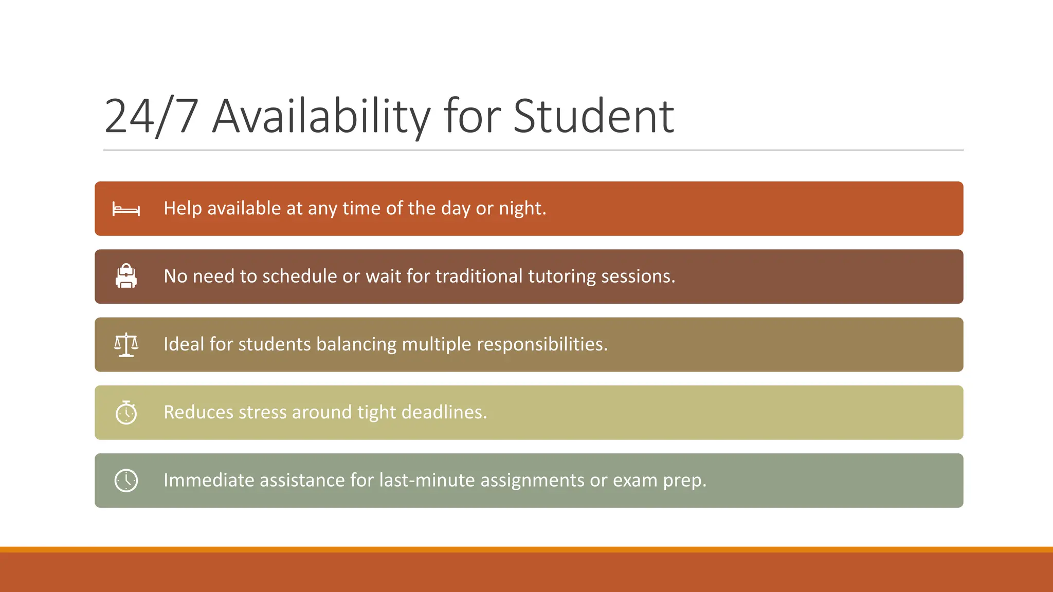 24/7 Availability for Student
Help available at any time of the day or night.
No need to schedule or wait for traditional tutoring sessions.
Ideal for students balancing multiple responsibilities.
Reduces stress around tight deadlines.
Immediate assistance for last-minute assignments or exam prep.
 