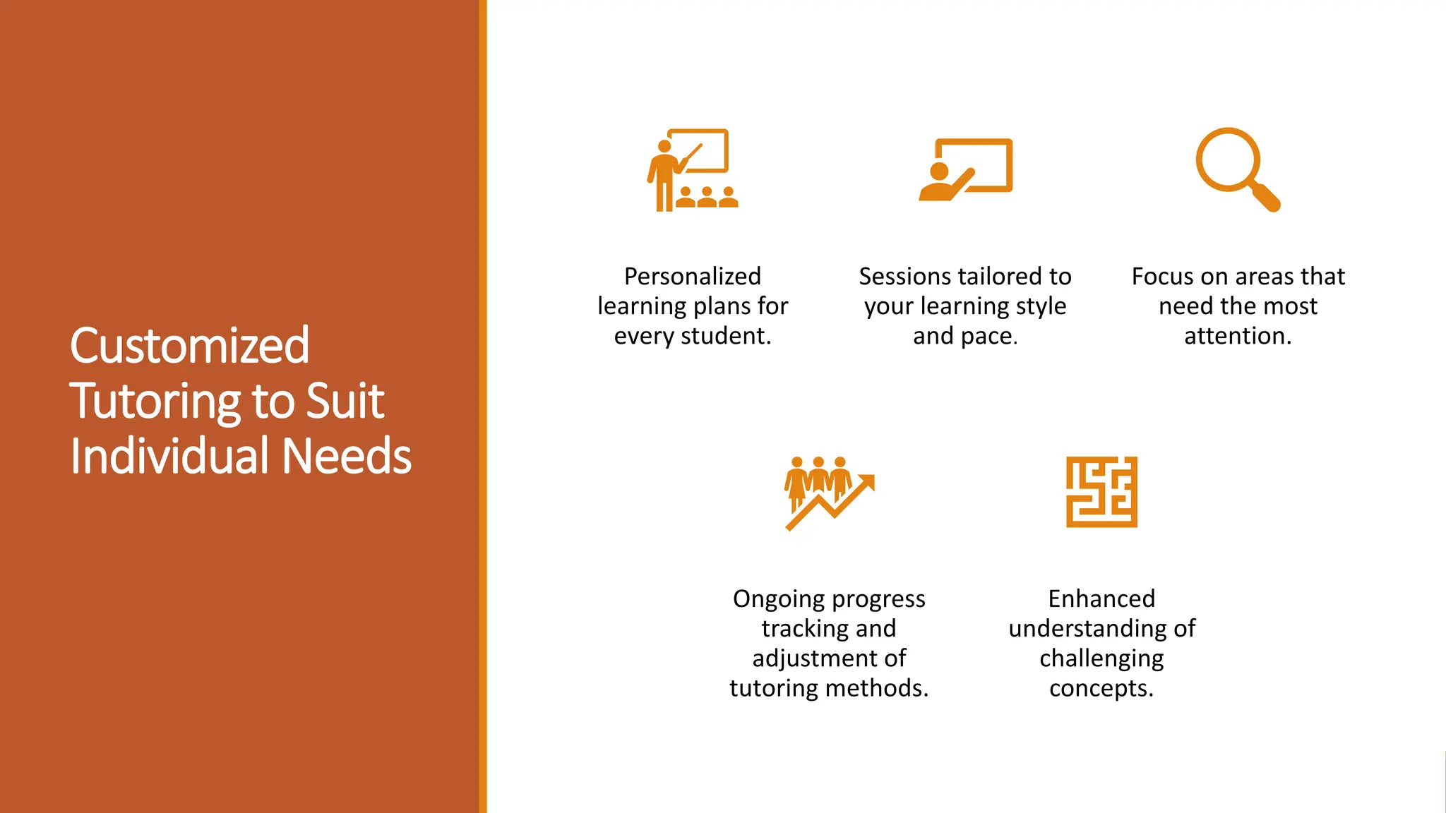 Customized
Tutoring to Suit
Individual Needs
Personalized
learning plans for
every student.
Sessions tailored to
your learning style
and pace.
Focus on areas that
need the most
attention.
Ongoing progress
tracking and
adjustment of
tutoring methods.
Enhanced
understanding of
challenging
concepts.
 