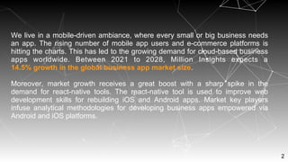 2
We live in a mobile-driven ambiance, where every small or big business needs
an app. The rising number of mobile app users and e-commerce platforms is
hitting the charts. This has led to the growing demand for cloud-based business
apps worldwide. Between 2021 to 2028, Million Insights expects a
14.5% growth in the global business app market size.
Moreover, market growth receives a great boost with a sharp spike in the
demand for react-native tools. The react-native tool is used to improve web
development skills for rebuilding iOS and Android apps. Market key players
infuse analytical methodologies for developing business apps empowered via
Android and iOS platforms.
 