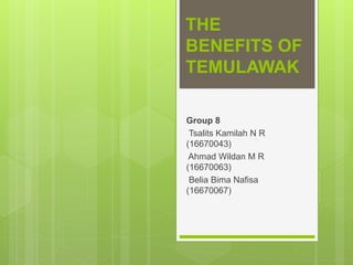 THE
BENEFITS OF
TEMULAWAK
Group 8
Tsalits Kamilah N R
(16670043)
Ahmad Wildan M R
(16670063)
Belia Bima Nafisa
(16670067)
 