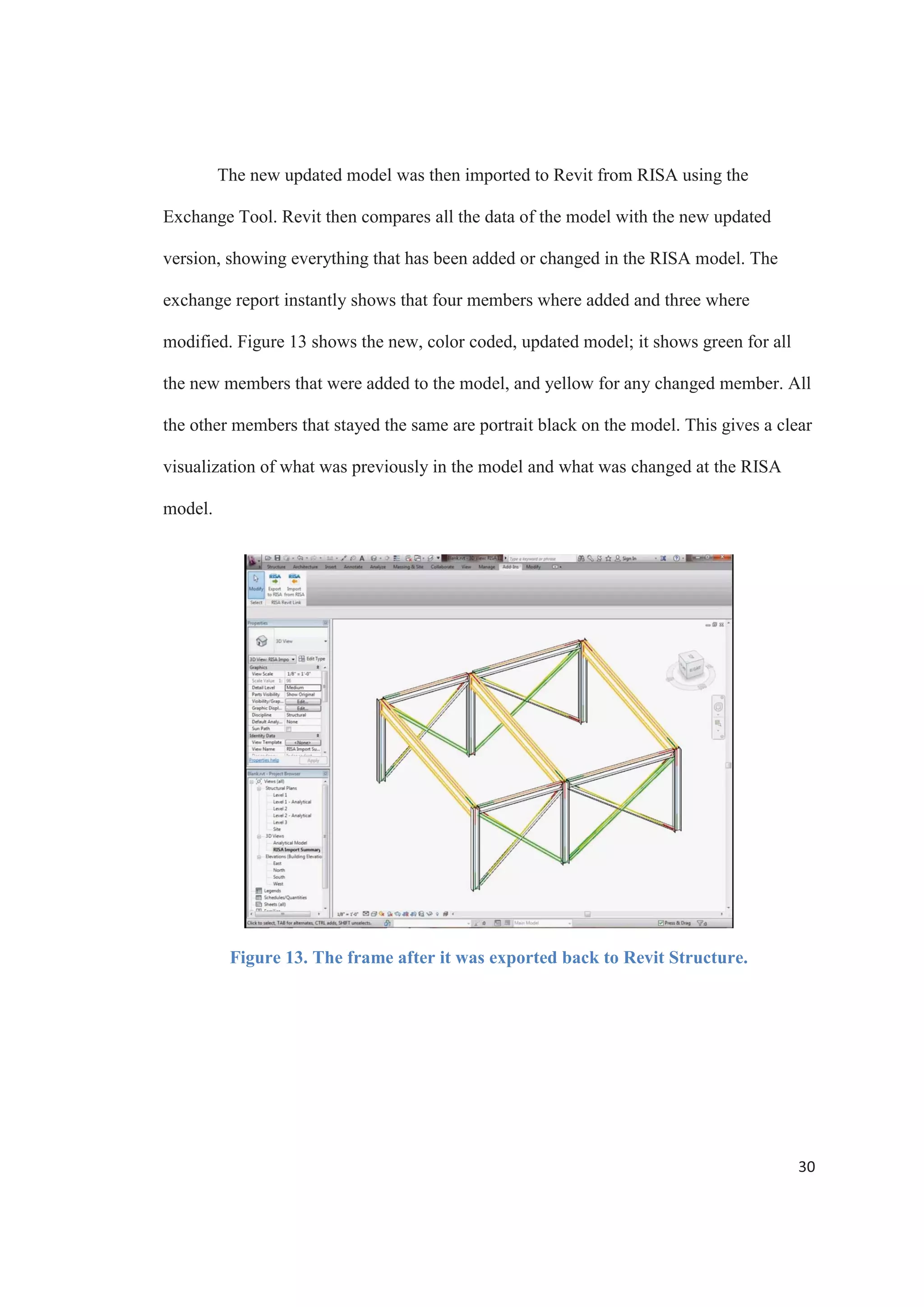 28
The RISA 3D software was then started, and the import new model option was
chose, opening the Import menu, where import from Revit was chosen. The file
previously saved was selected and a new RISA 3D model was created. It shows a
progress bar when creating all the structural elements of the model.
Figure 11. The render view of the frame in RISA 3D.
Once the process is complete, a RISA-Revit link reports shows up, with a list of
all the members and materials that were added to the model. It is exactly the same model
created in Revit. To complete the link, the file was saved in RISA.
Analysis and Results
The next step was to perform an analysis on the frame. A dead load of 1 k/ft, and
a live and wind load of 5k were considered. The structure was solved for the envelope
joint reactions. Once the analysis was completed, the design results were checked using
 