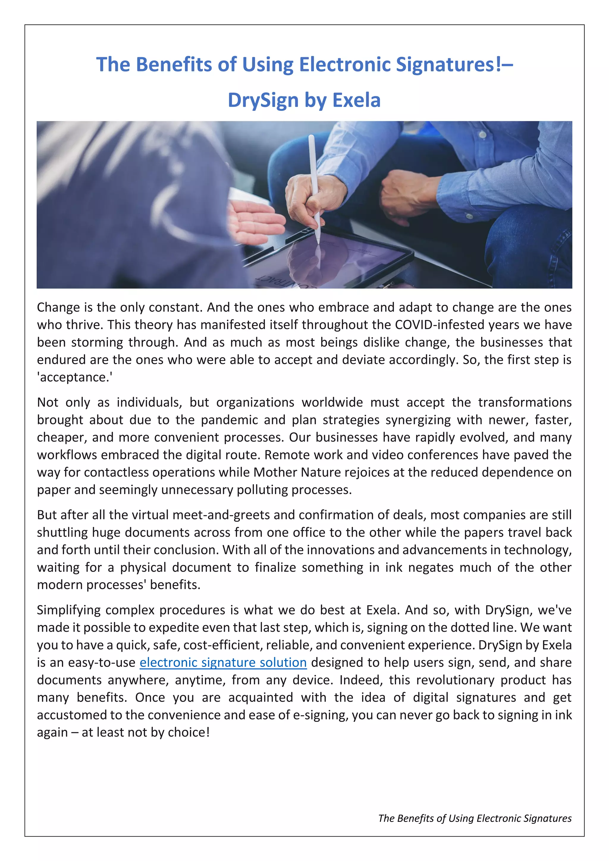 The Benefits of Using Electronic Signatures DrySign By Exela PDF