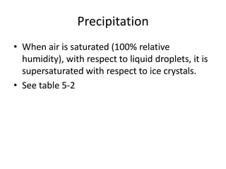 Precipitation
• When air is saturated (100% relative
  humidity), with respect to liquid droplets, it is
  supersaturated with respect to ice crystals.
• See table 5-2
 